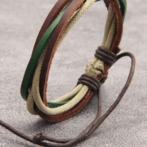 Multi-Strand Vegan Leather & Cord Bracelet in Brown, Green, Cream - Unisex